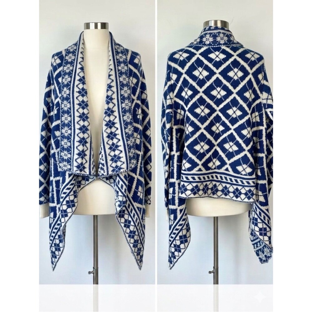 Orange Creek NWT Blue White Geometric Draped Cardigan One Size